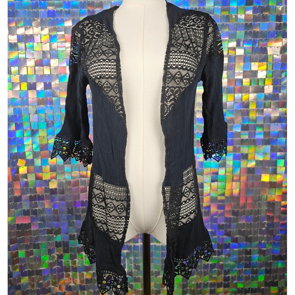 Moral Fiber Black Lace Trim Open Front Cardigan Kimono Duster Women's Small